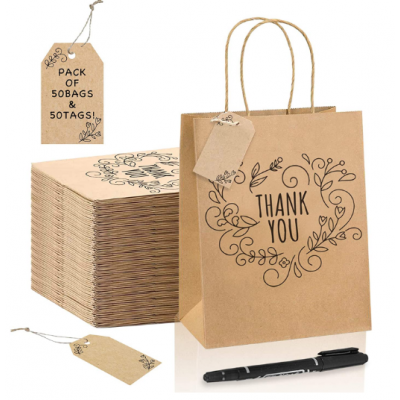 Thank You Gift Bags, Medium Brown Kraft Paper Bags with Tags and Pen for Retail Shopping Wedding Birthday Party